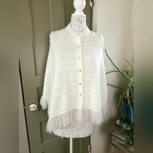 Vintage White Knit Pointelle Button Up Fringe Cape Women's Small Sweater